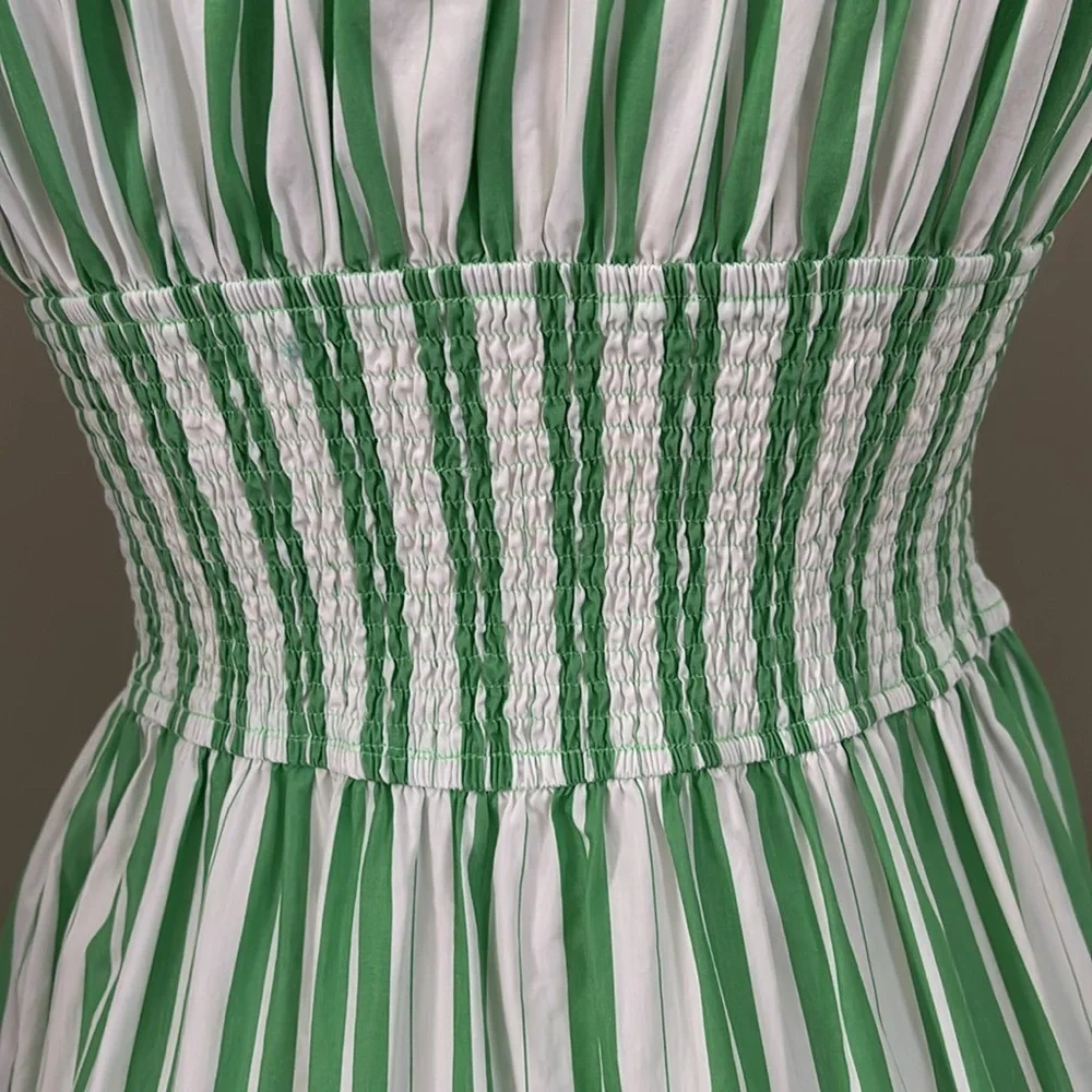 eShakti Wayward Fancies Off-theshoulder Stripe Cotton Poplin Smocked Waist Dress - Picture 6 of 11